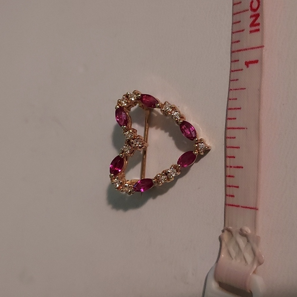 Heart Shaped Pin With Diamond & Ruby Stones In Go… - image 4